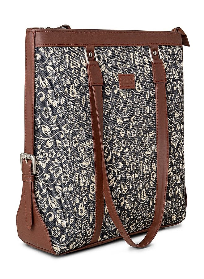 ZOUK طقم حقيبة مكتب وحقيبة كتف نسائية من زوك، مصنوعة يدوياً، باللون الأسود ومزينة بنقوش زهور | حقيبة مكتب | حقيبة جامعية - Image 4